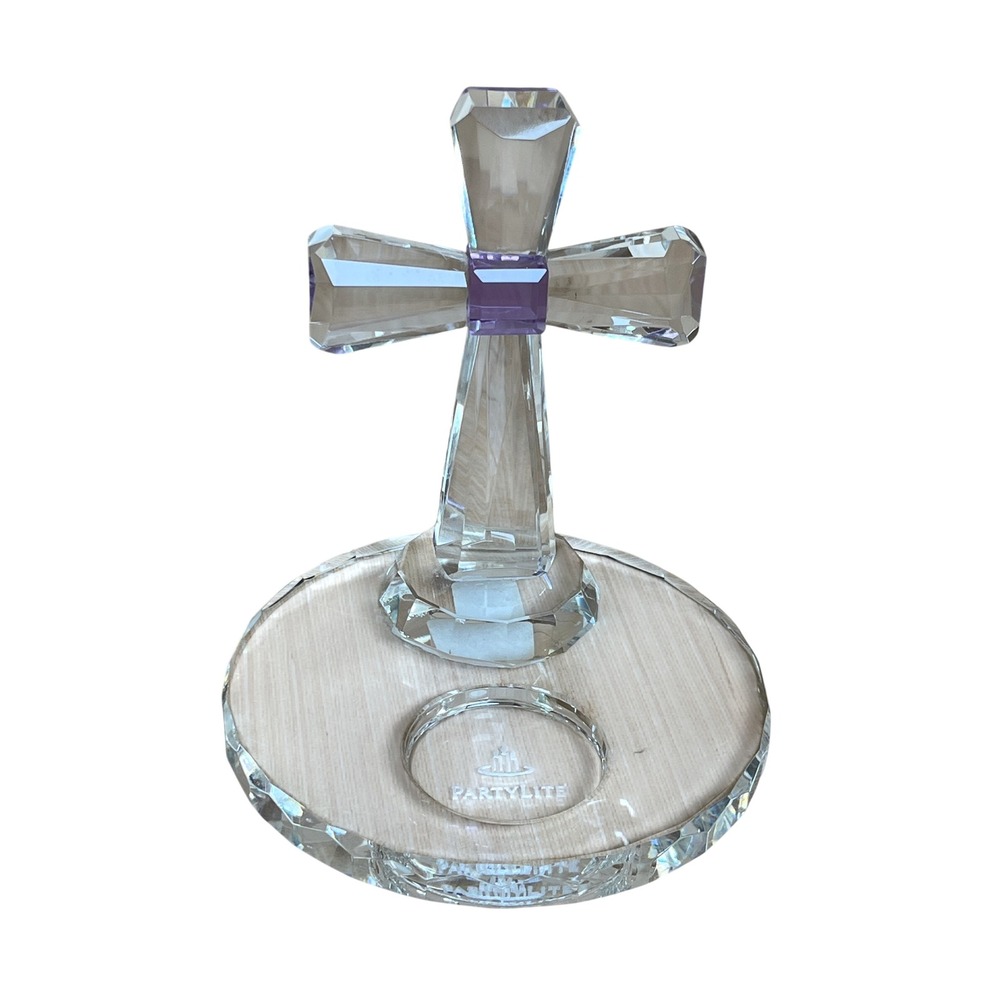 PartyLite Faceted Lead Crystal Cross Figurine Purple Center Beveled Base Decor
